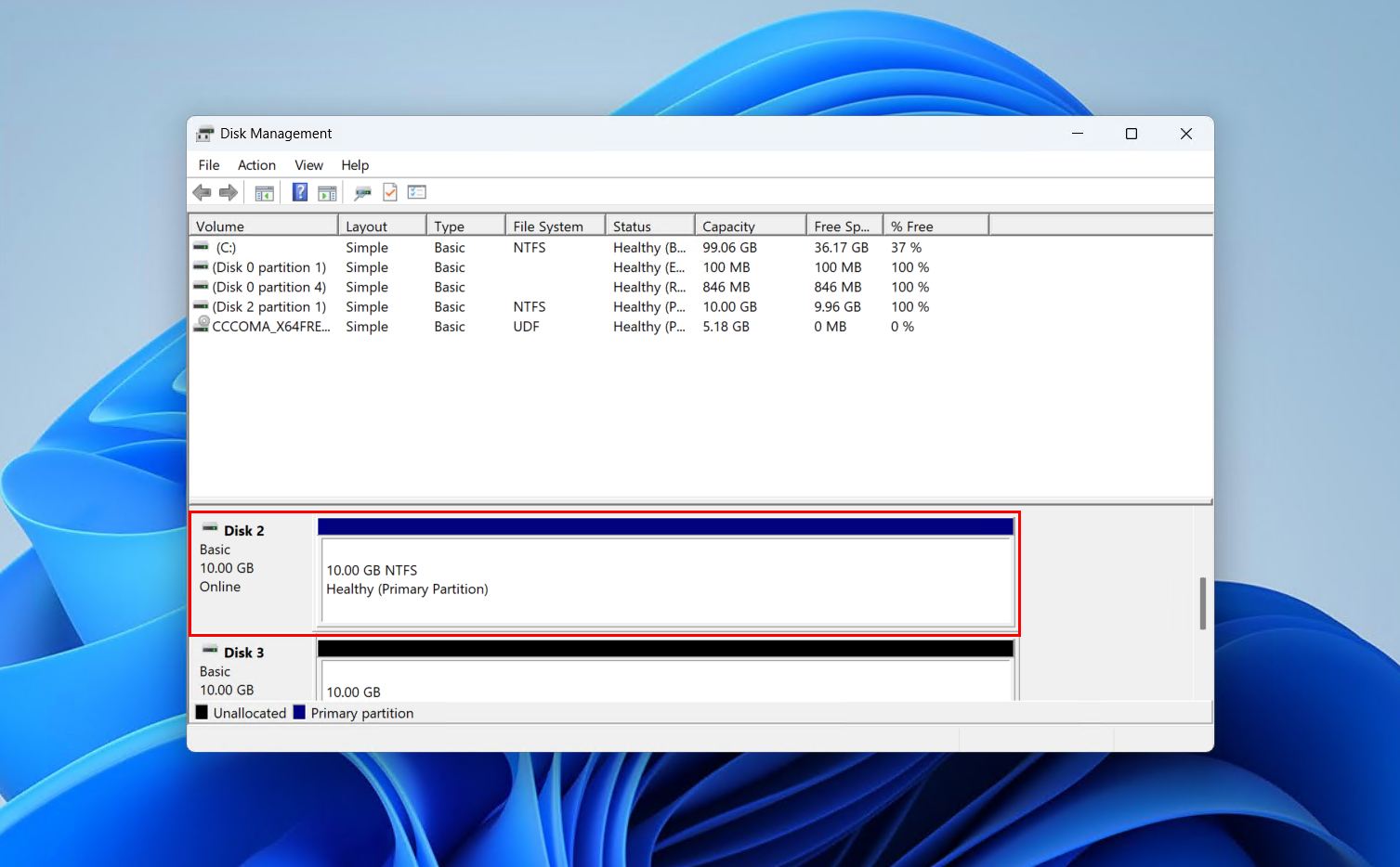 Finding the disk in Disk Management.