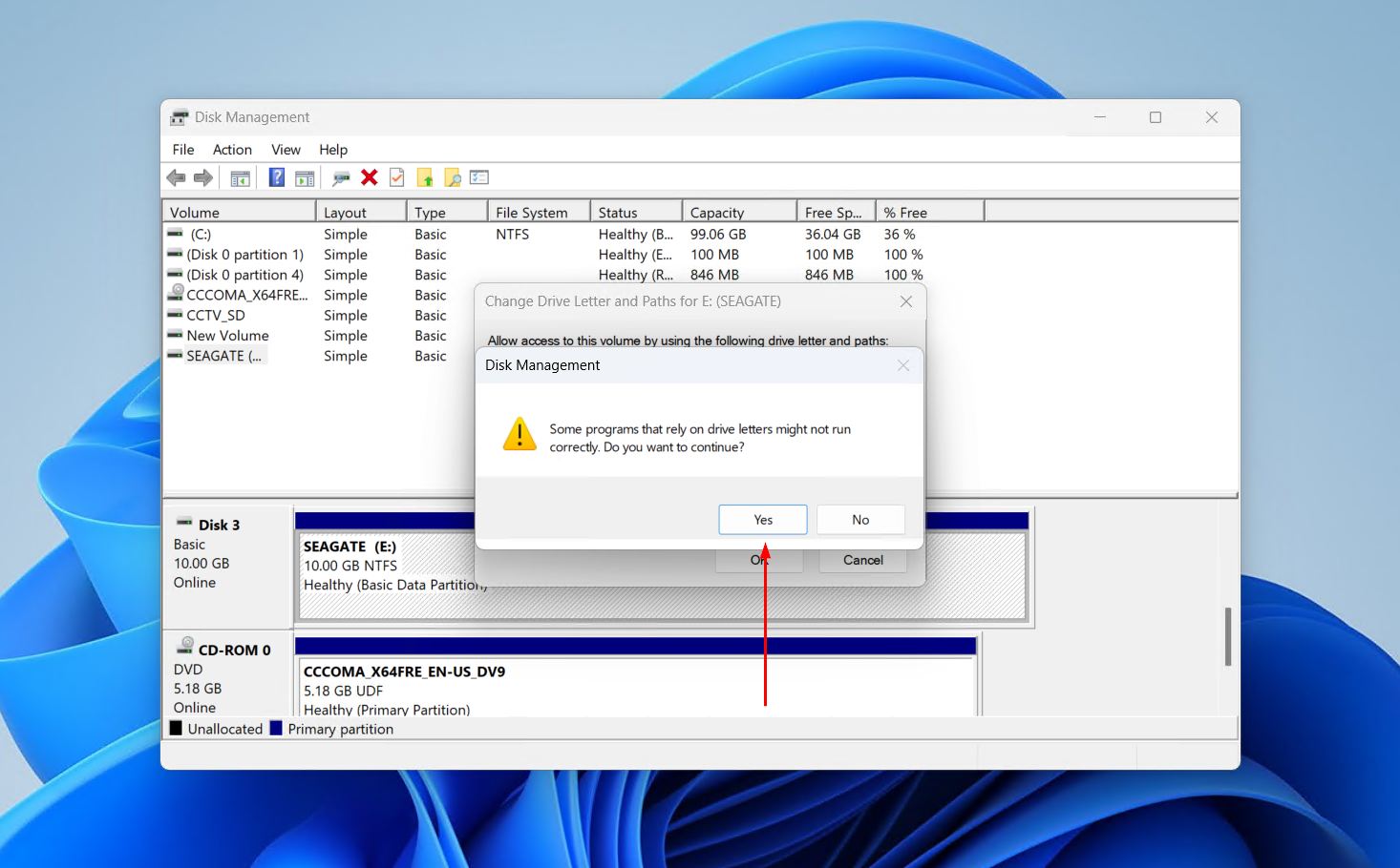 Confirming the drive letter change.