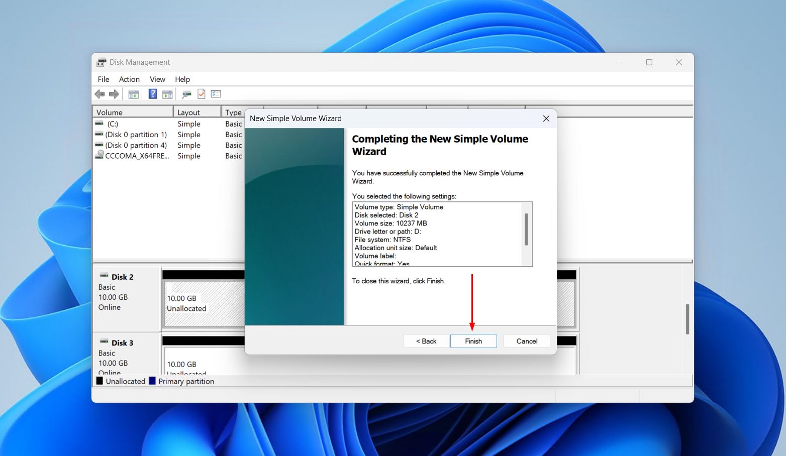 Finishing the New Simple Volume Wizard.