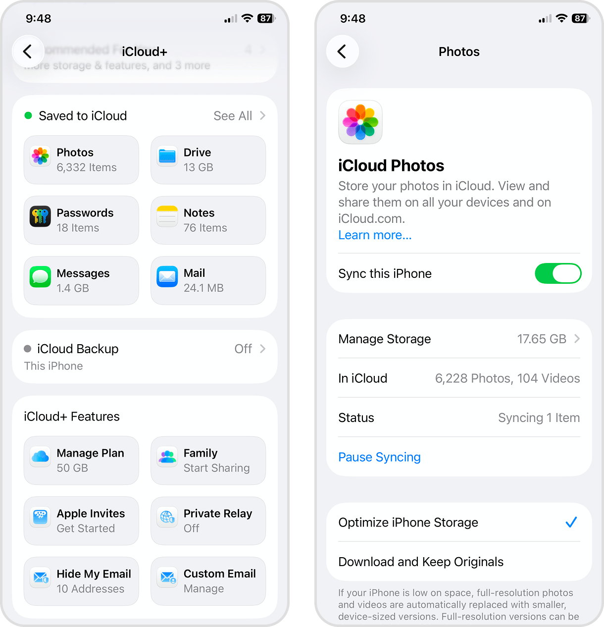 Activating the Sync this iPhone and Optimize iPhone Storage settings for iCloud Photos.