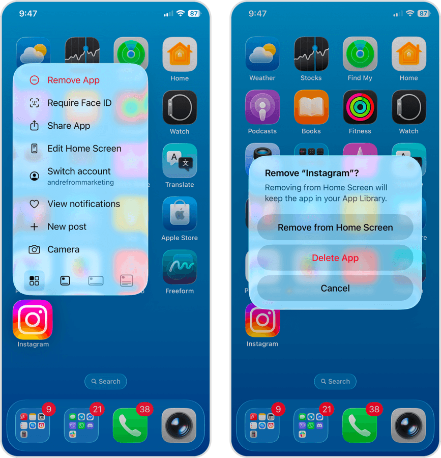 Uninstalling an app from the iPhone home screen.