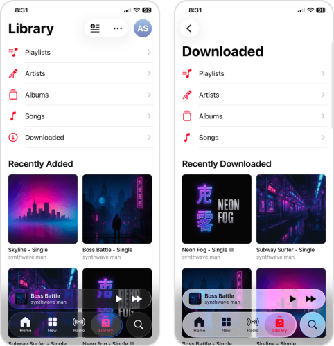 Viewing downloaded songs in the Music app Library