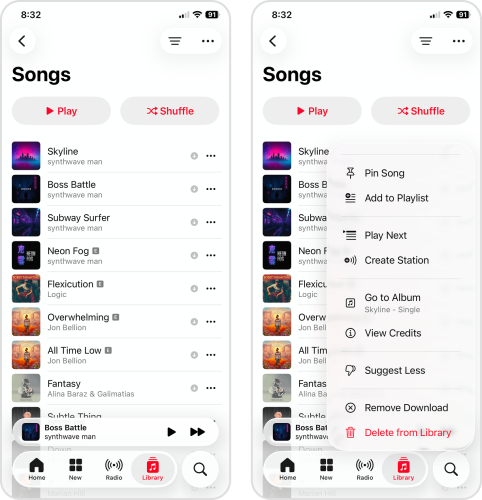 Removing downloaded songs in the iOS Music app
