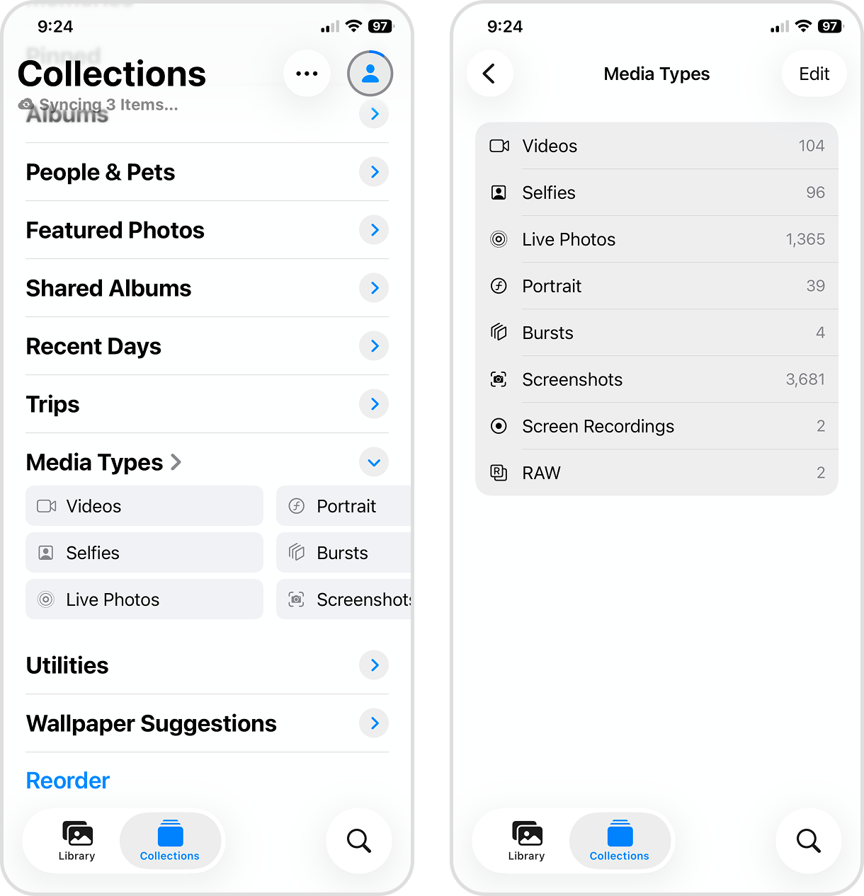 Media Types Collection in the iOS Photos app.