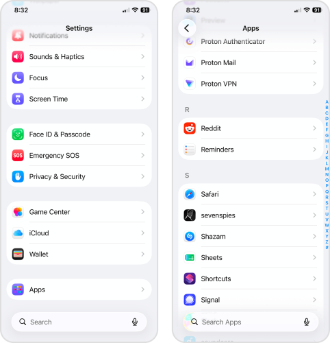 Opening Safari menu in the Settings app