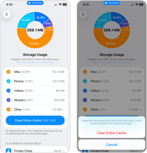 Clearing cache data in the Telegram app