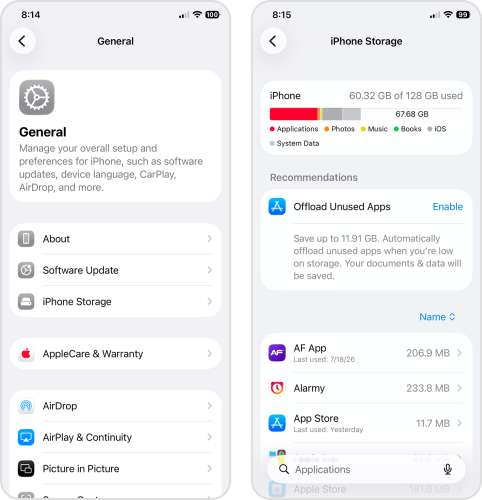 iPhone Storage page in iOS Settings