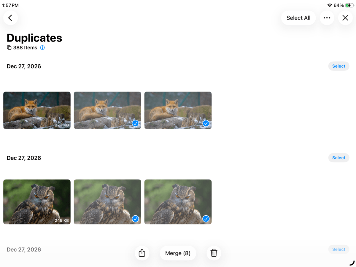 Merging images in the Duplicates utility in iPad Photos.