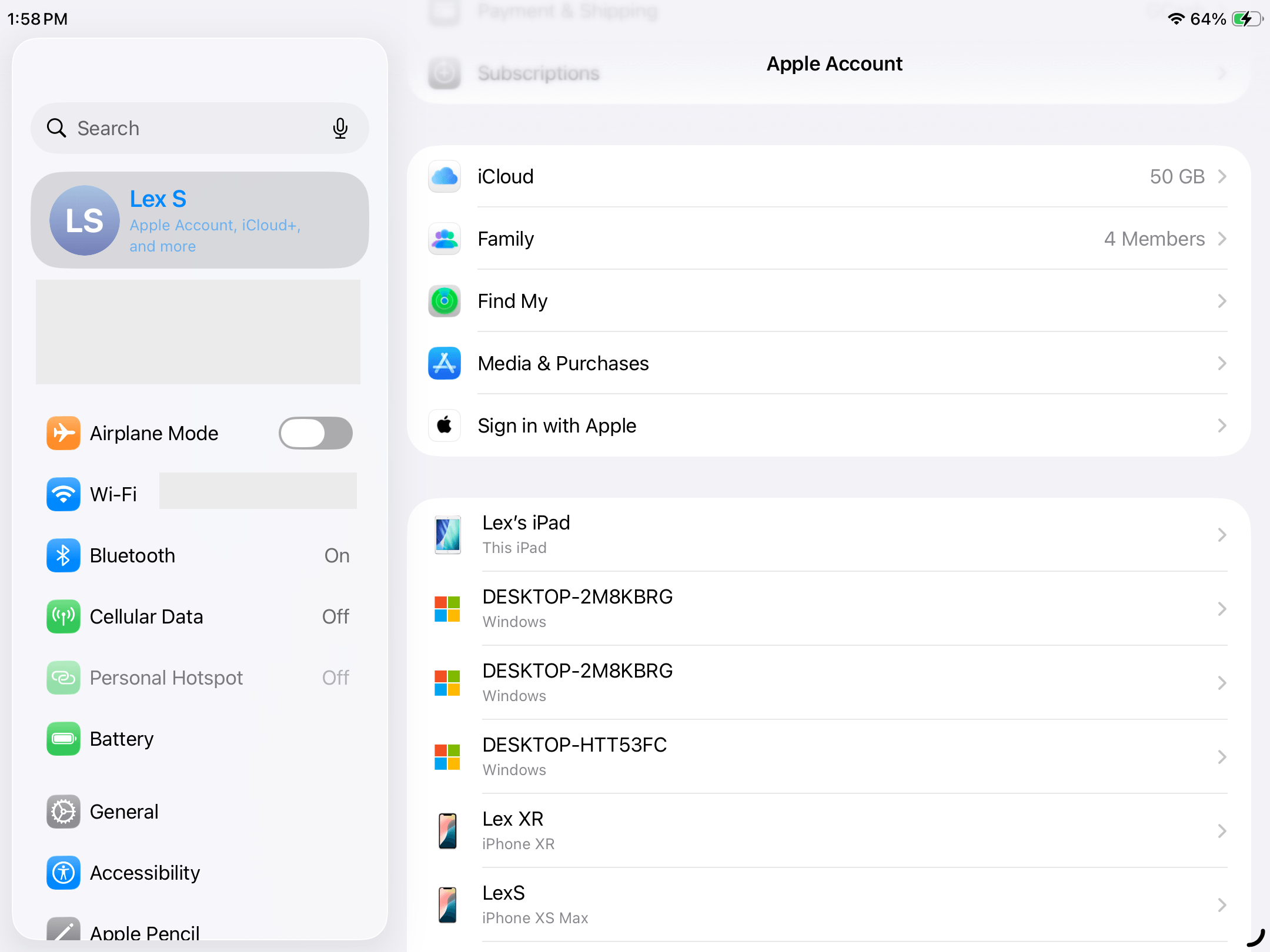 Apple Account page in the iPad Settings app