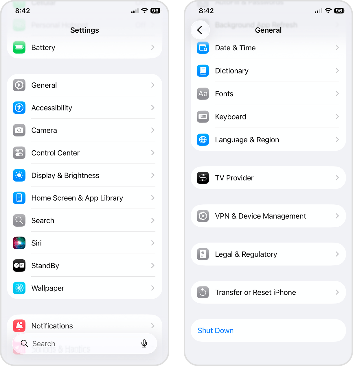 Transfer or Reset iPhone option in the Settings app.