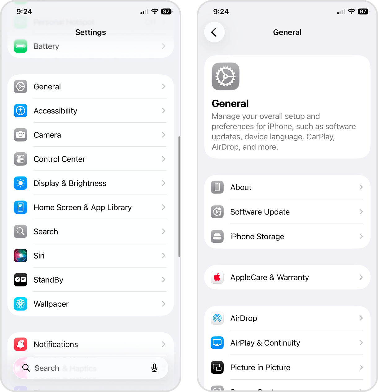 General page in the iOS Settings app.