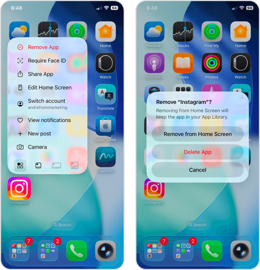 Uninstalling an app from the iPhone home screen.