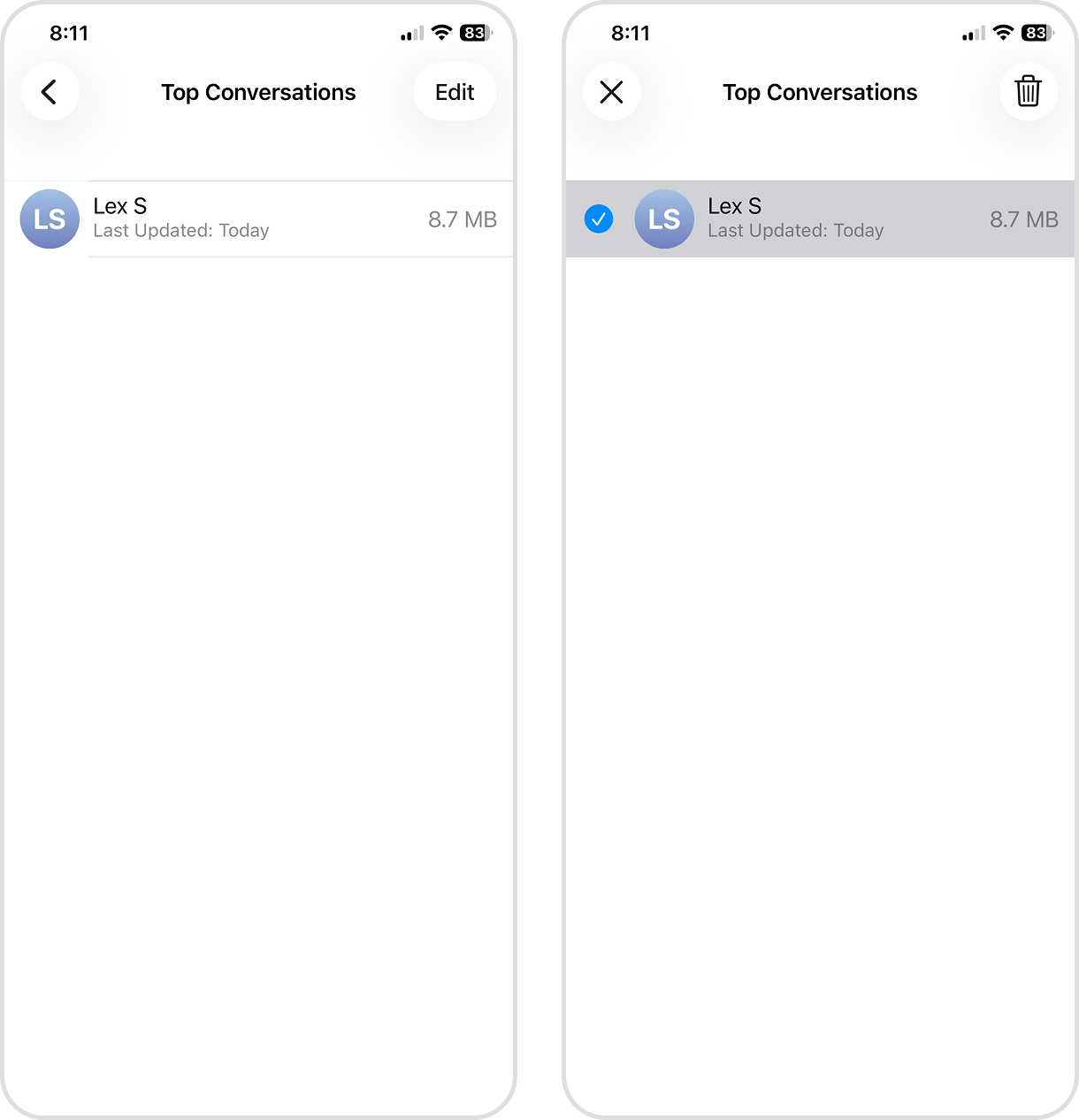 Deleting cached data in the Messages app storage page