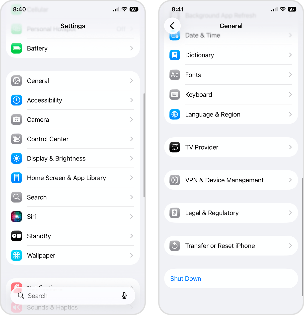 Shutting down iPhone through the Settings app