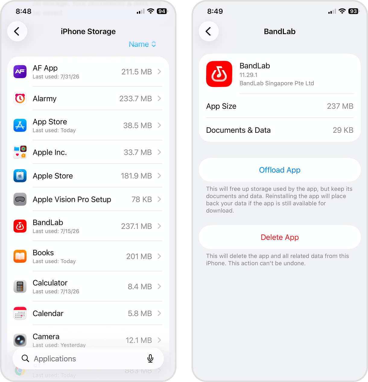 Uninstalling an iPhone app through Settings.