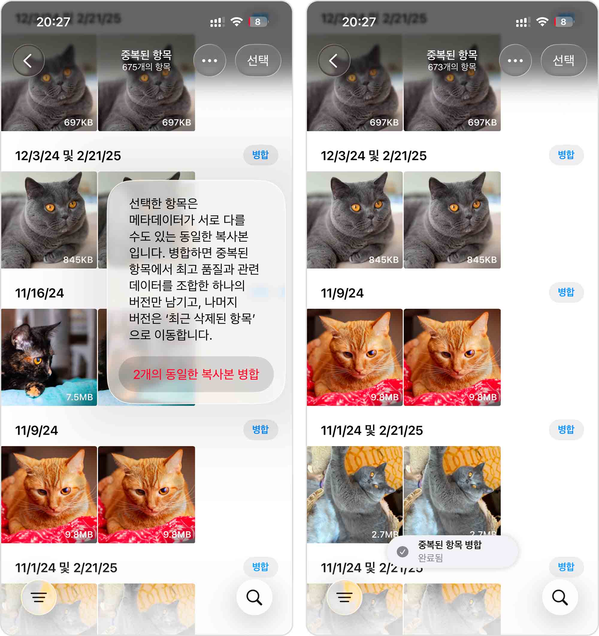 사진 앱에서 중복 항목 병합