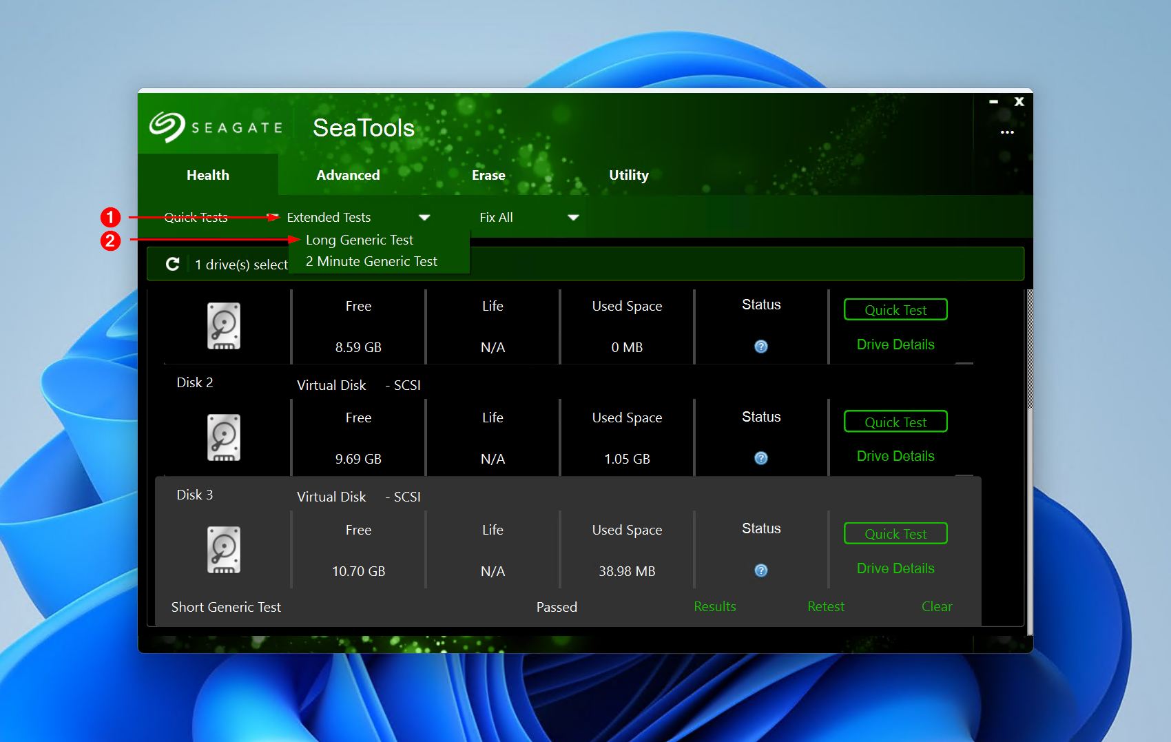 Starting the Long Generic Test on the Seagate drive in SeaTools.