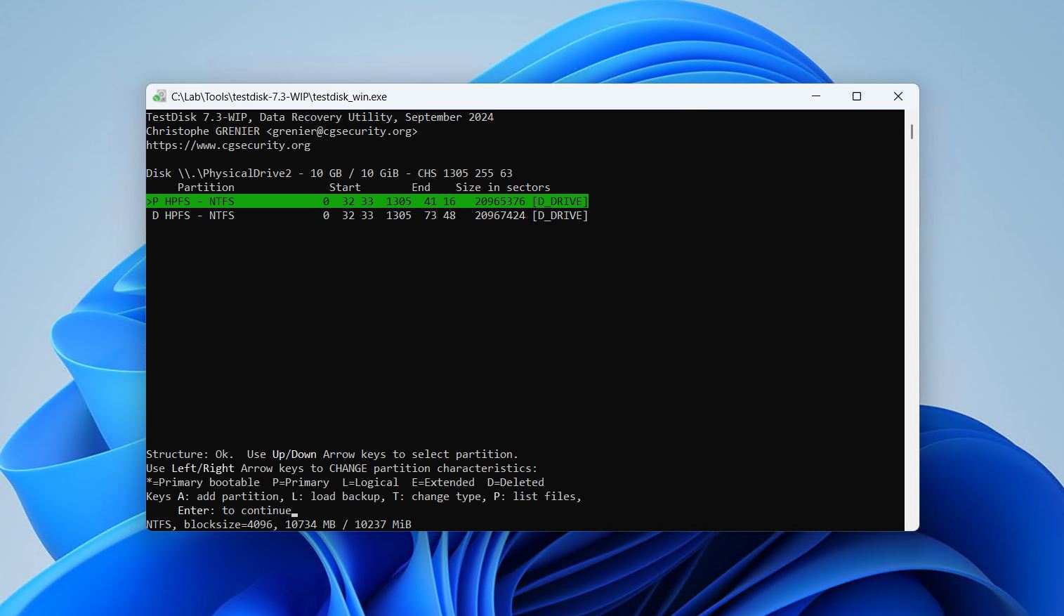 Selecting the lost D partition.