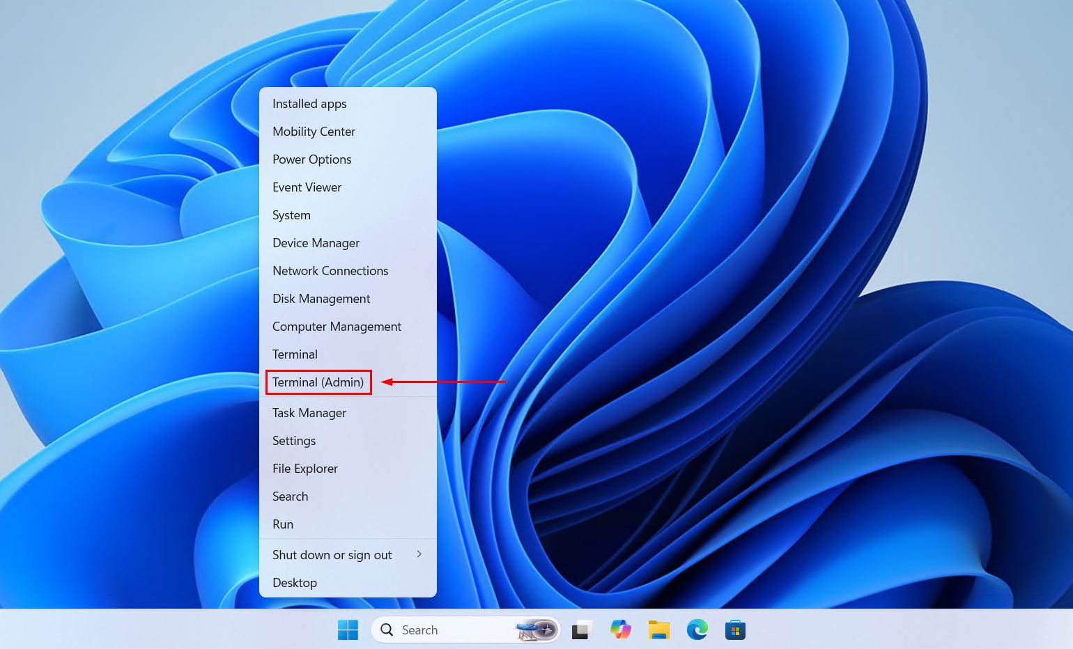Opening Terminal as an administrator from the Start menu.