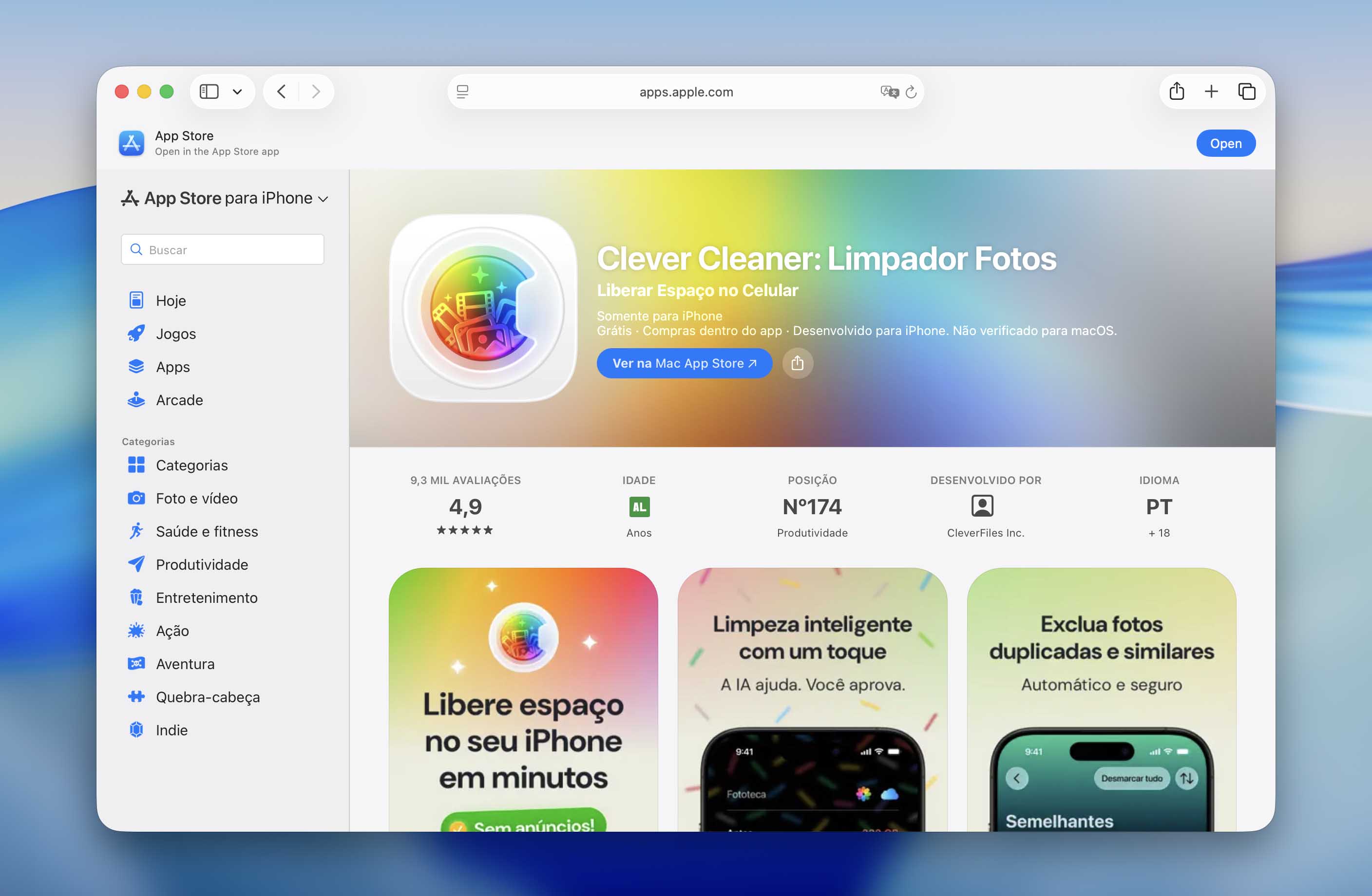 Página da App Store com o aplicativo Clever Cleaner