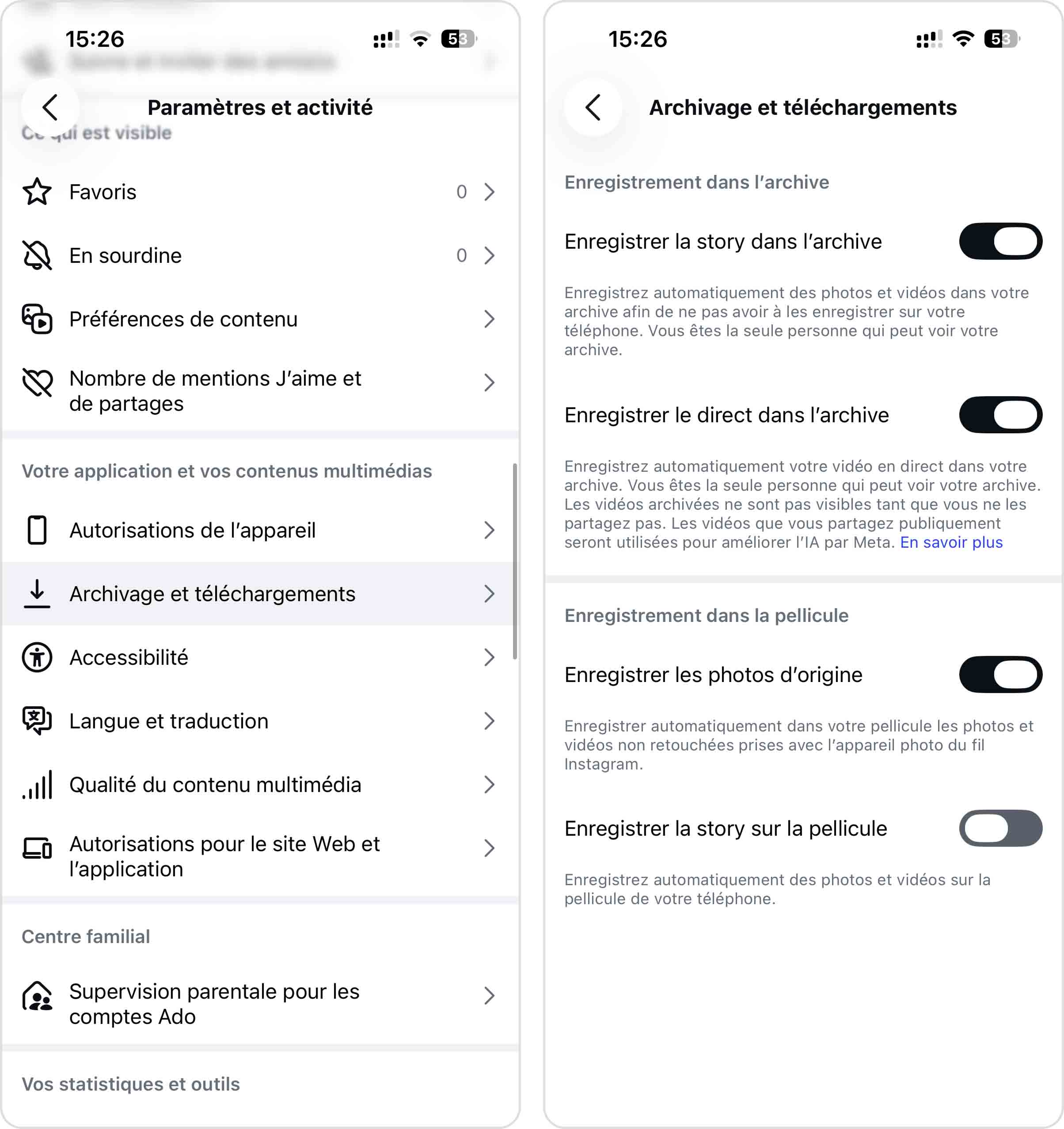 Paramètres Instagram pour télécharger les photos publiées