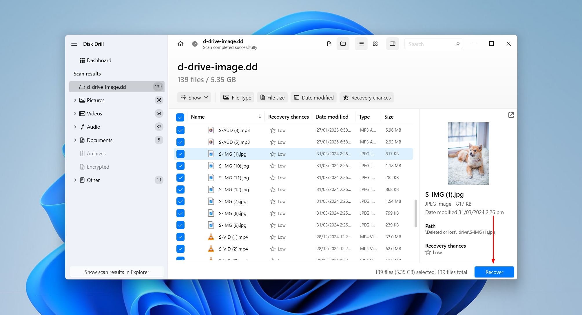 Selecting the D drive files to recover.