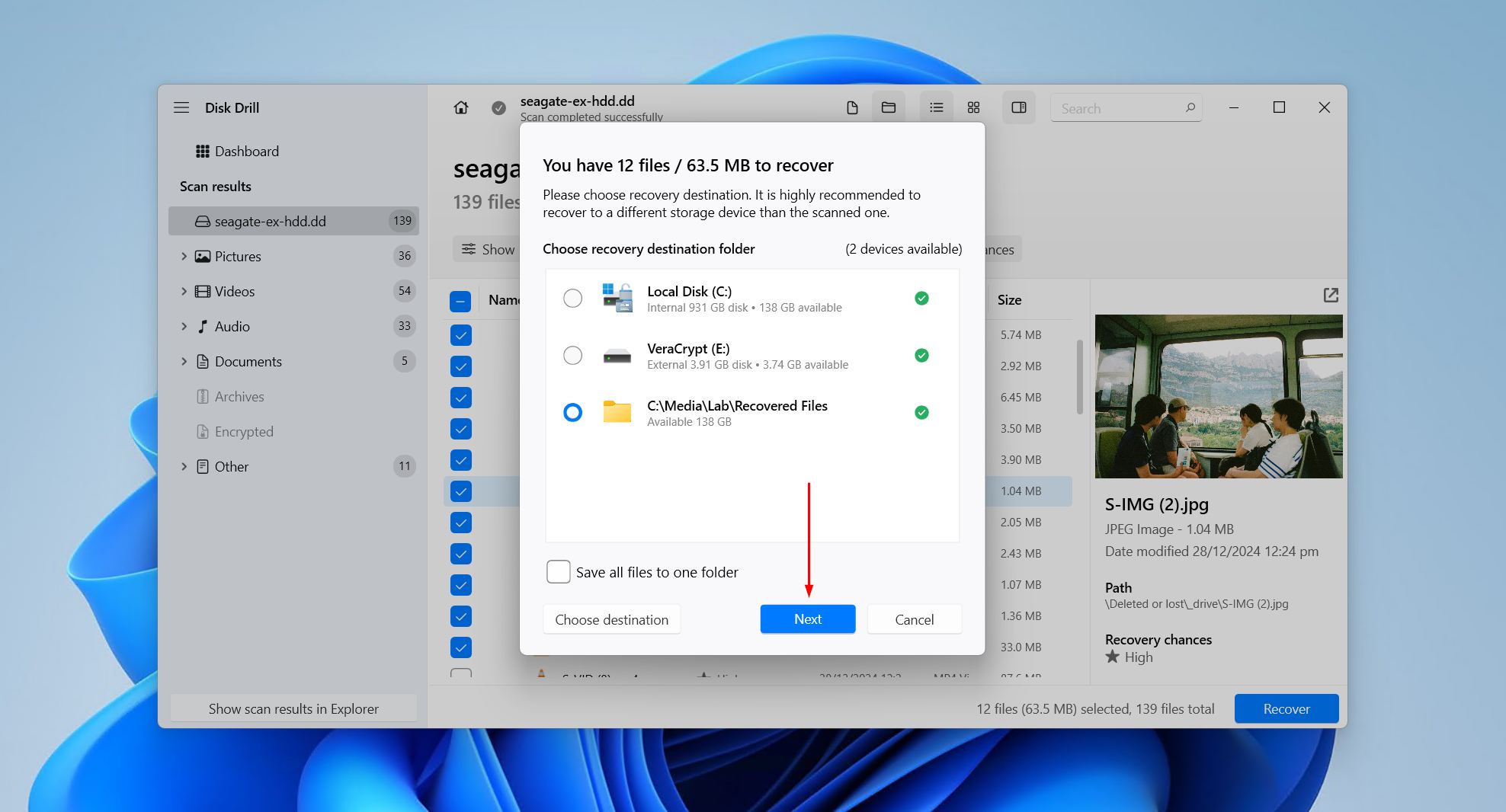 Choosing a recovery destination for the recovered Seagate files.