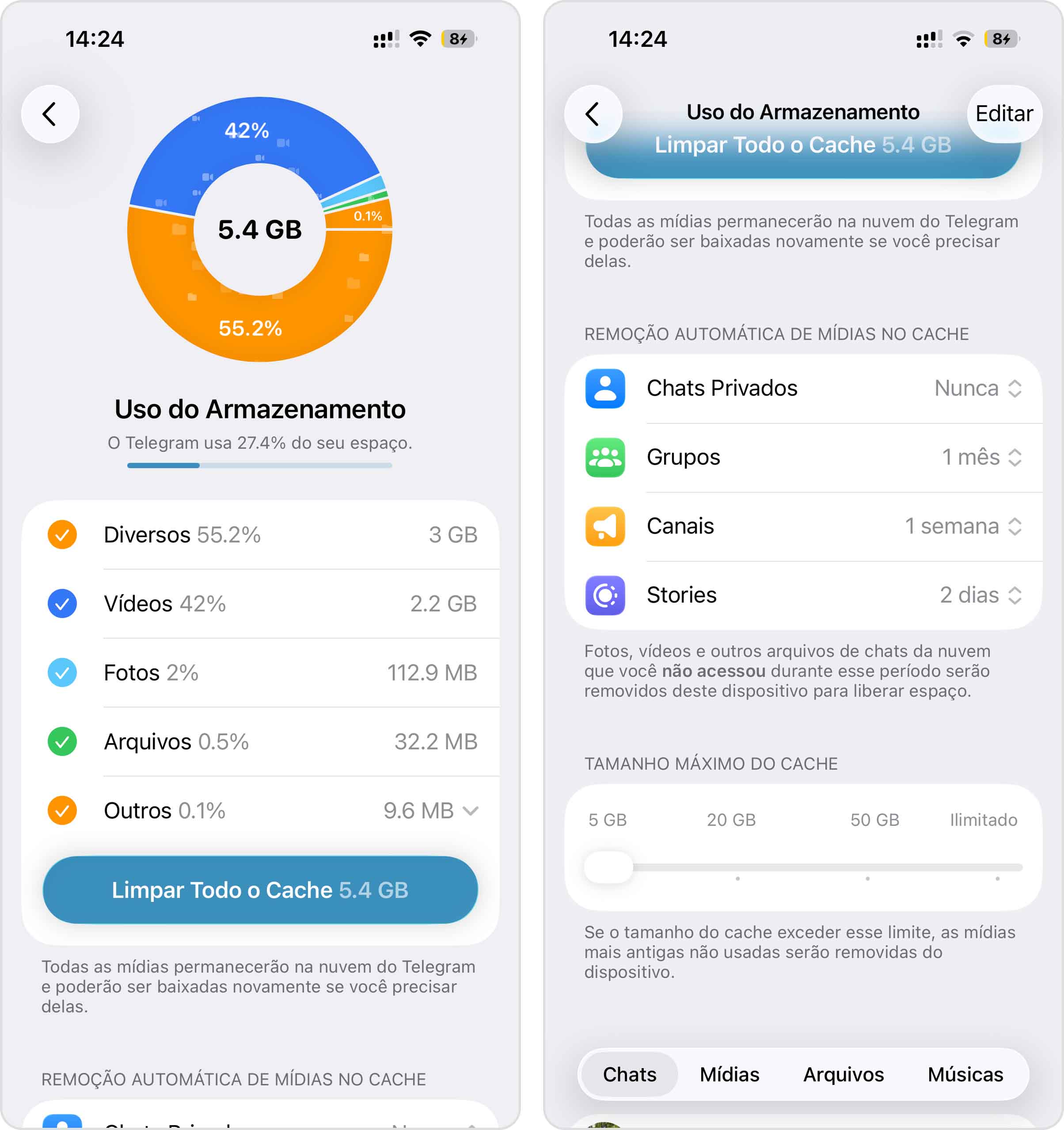 Limpe o cache do Telegram nas configurações