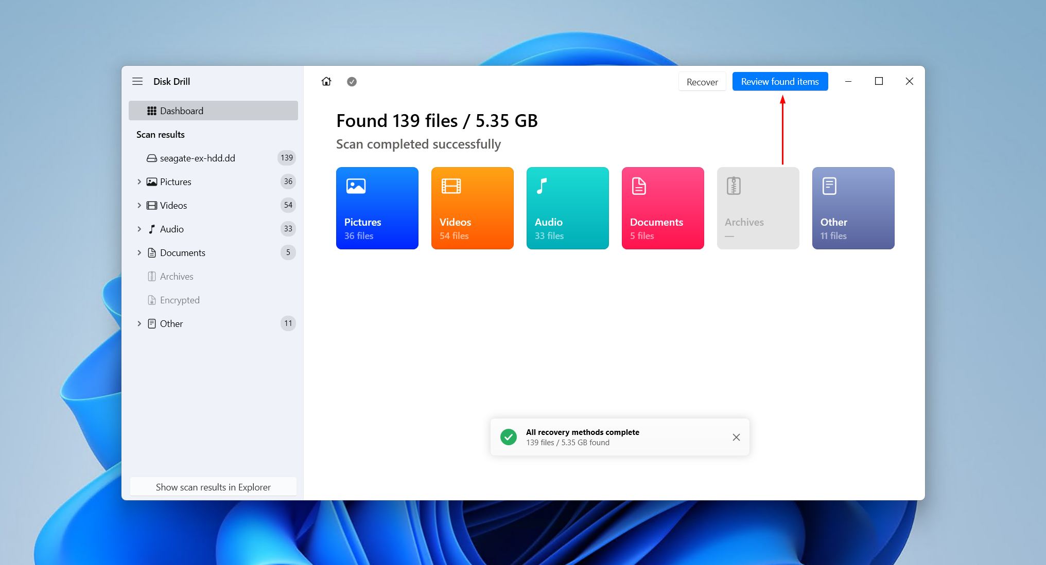 Clicking Review found items once the Seagate scan has completed.