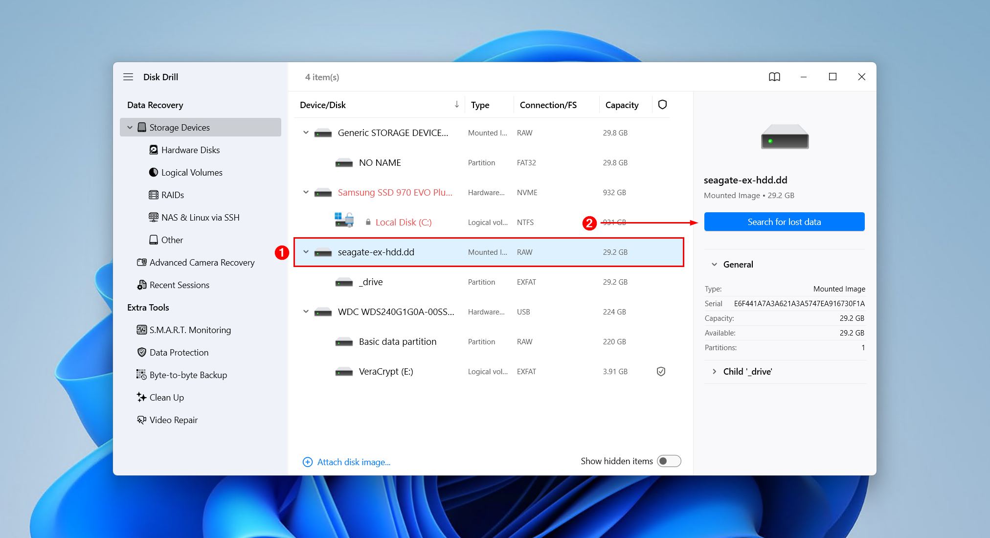 Selecting the Seagate drive in Disk Drill and clicking Search for lost data.