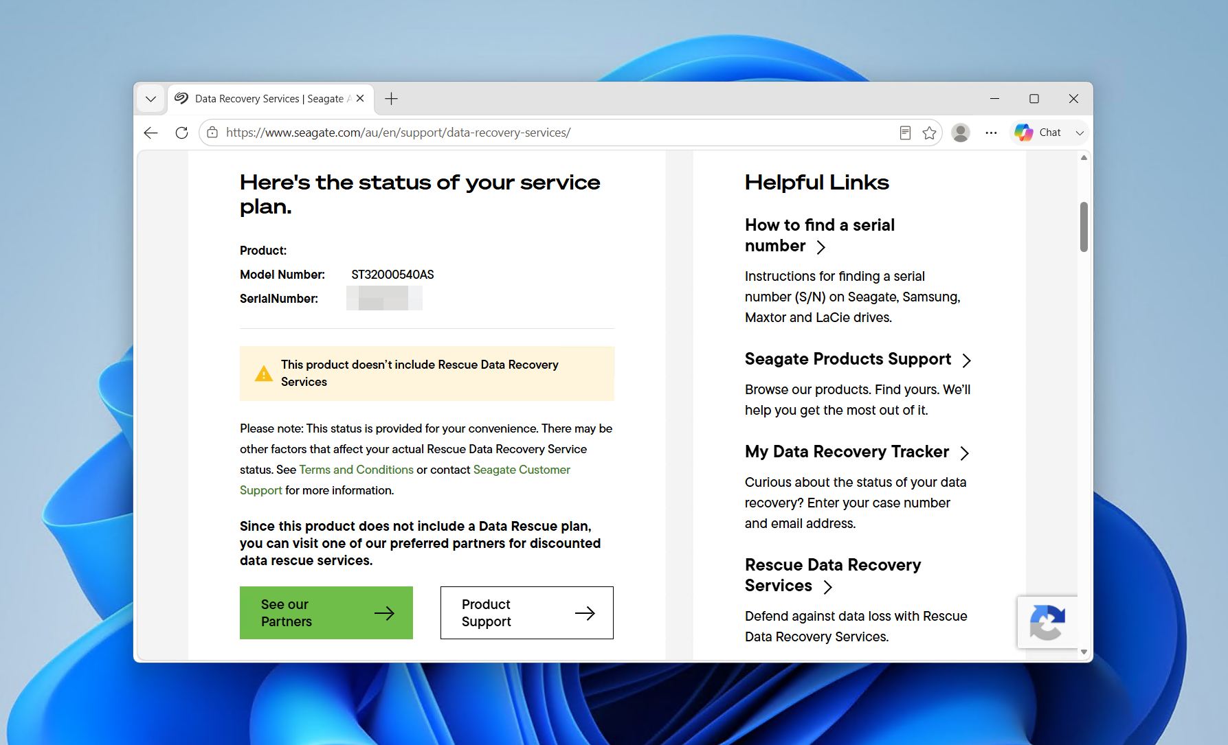The Rescue Data Recovery Services lookup result for the Seagate drive.
