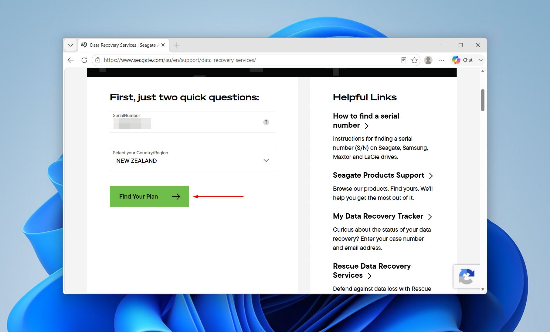 Entering the Seagate serial number and choosing a country or region on the lookup form.