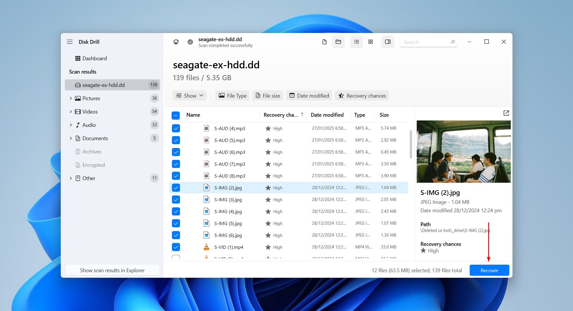Previewing and selecting the Seagate files to recover in Disk Drill.