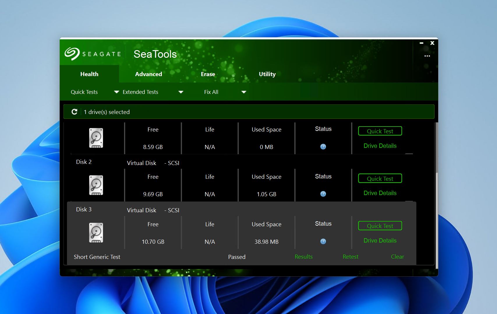 Selecting the Seagate drive in SeaTools.