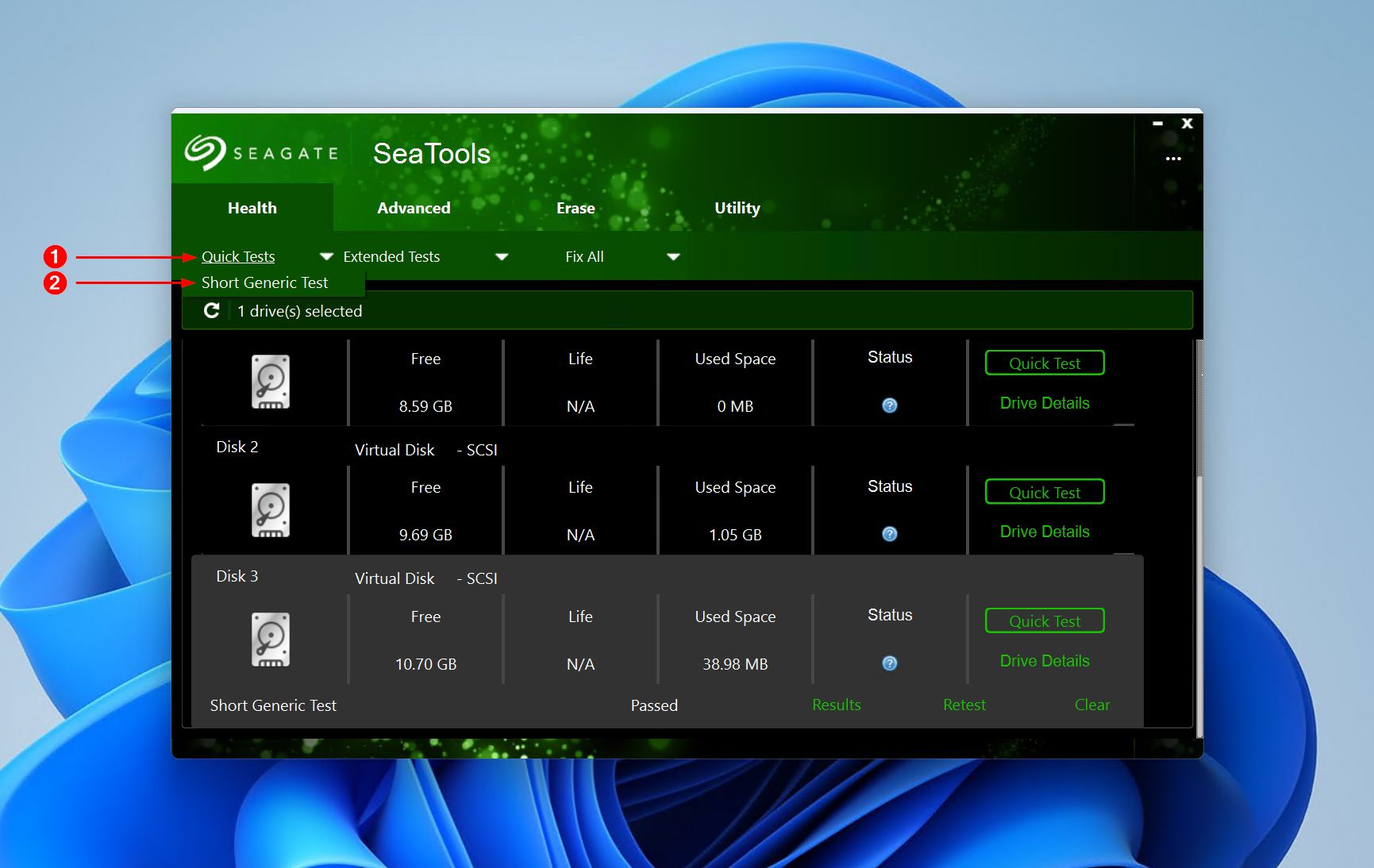 Starting the Short Generic Test on the Seagate drive in SeaTools.