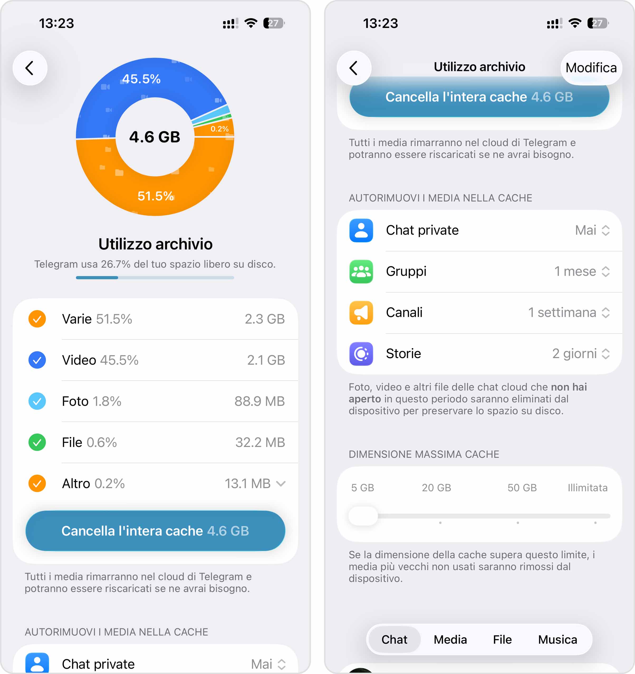 rimuovere la cache nell'app Telegram