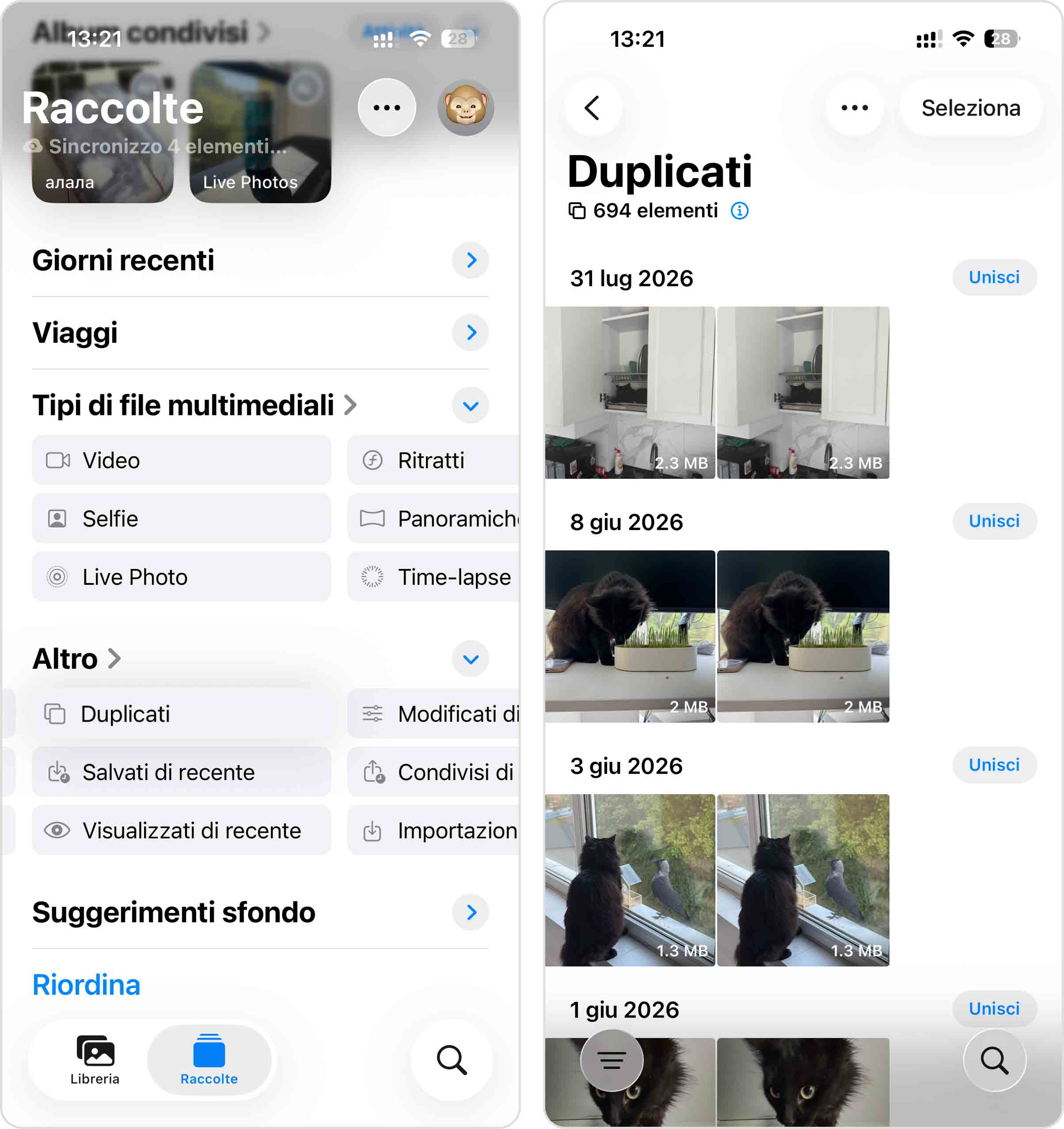 unisci i duplicati nell'app Foto