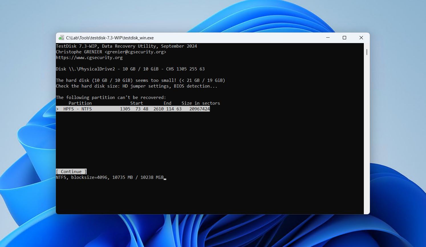 The unrecoverable partitions screen.