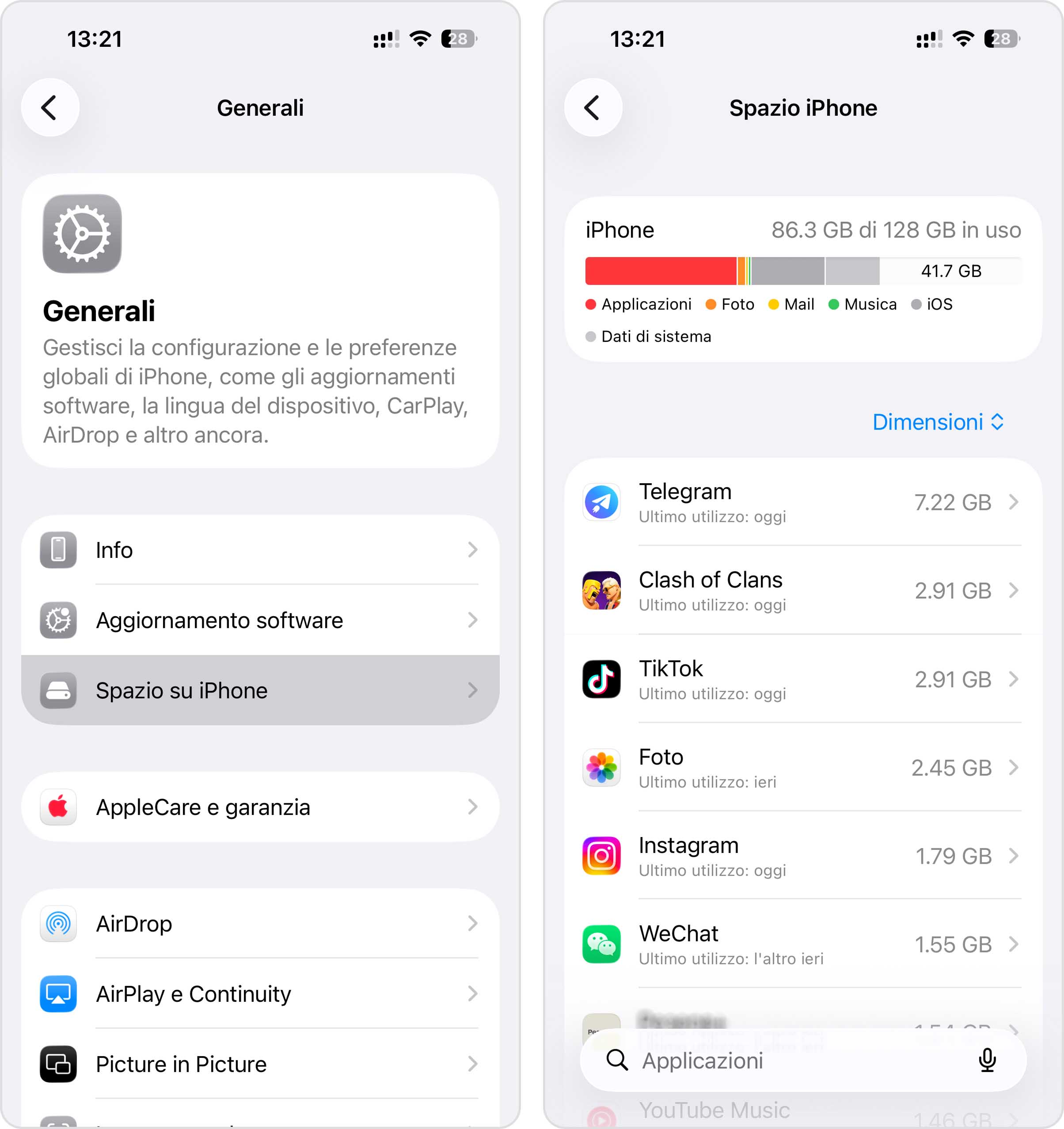 rivedere lo spazio di archiviazione dell'iPhone nelle impostazioni