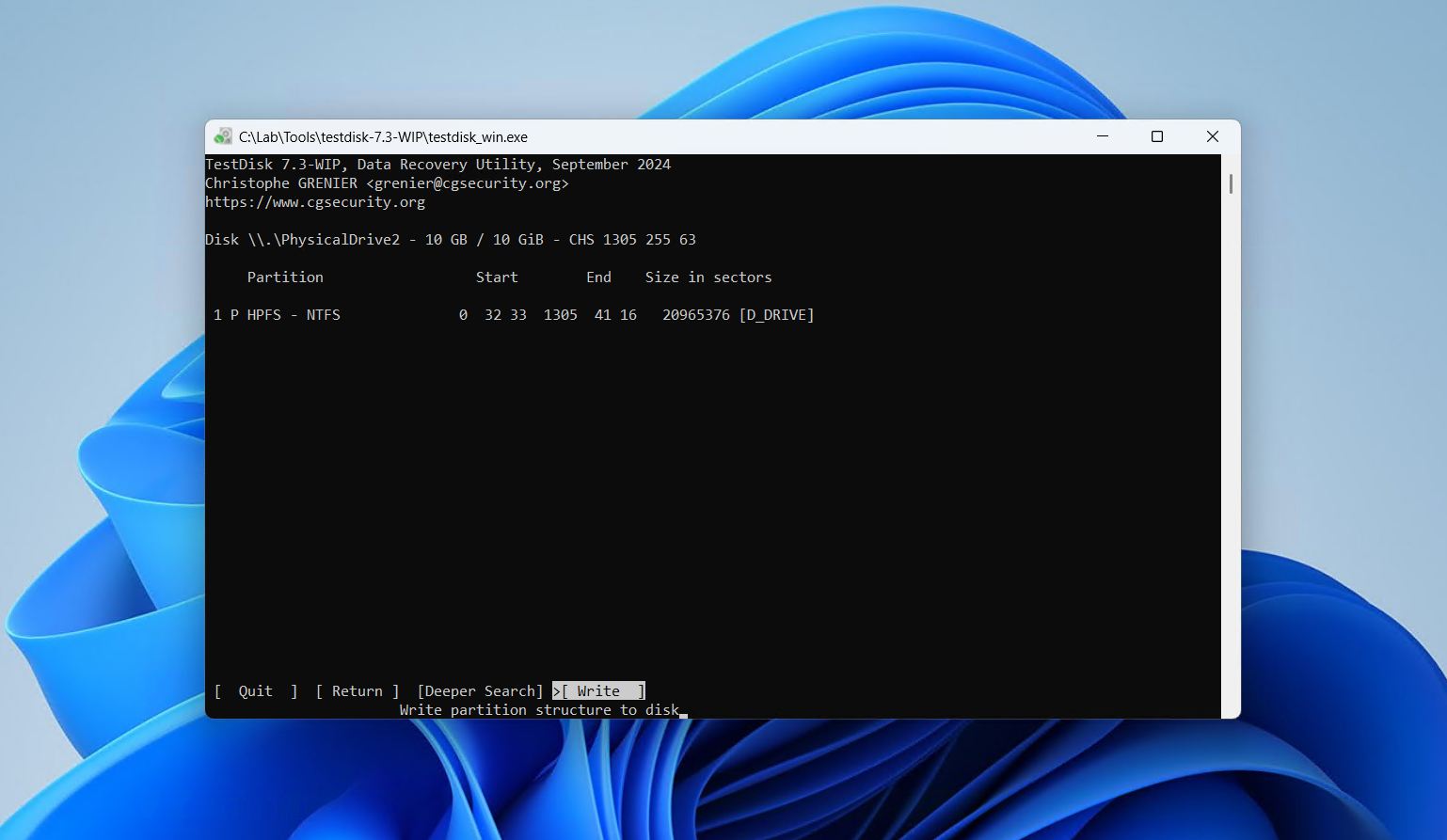 Writing the partition structure to disk.