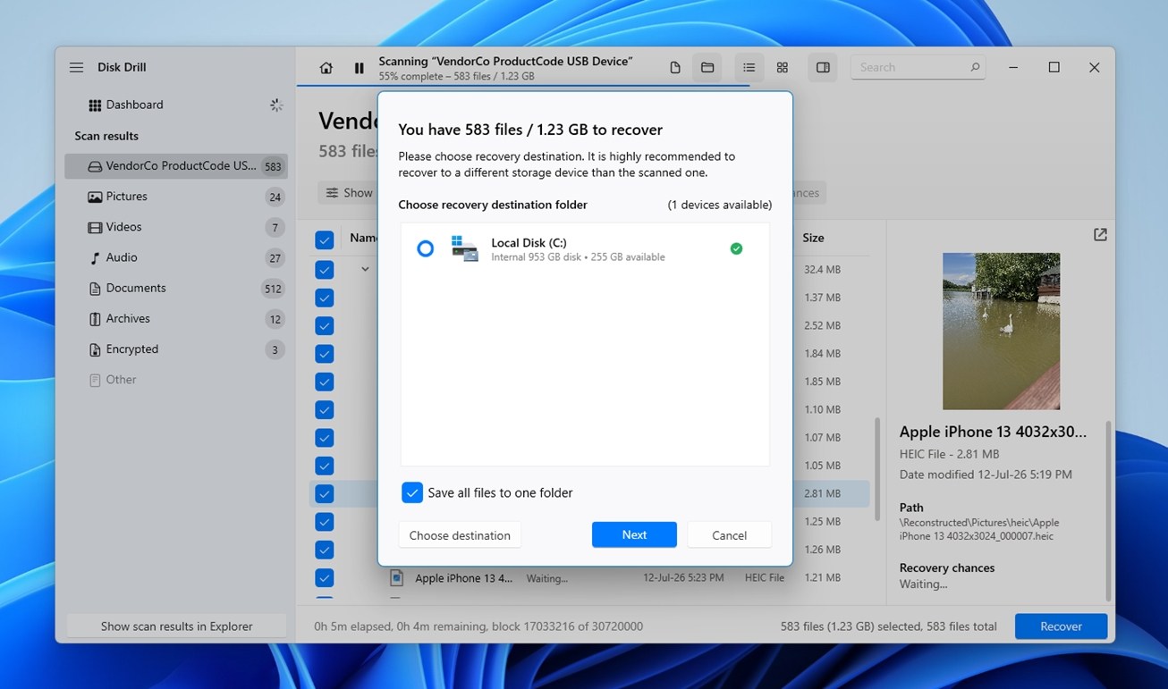 Select where you want to store the recovered files