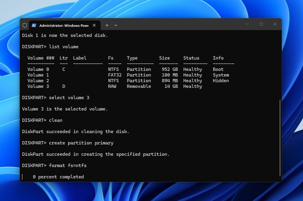Type format fs=ntfs quick