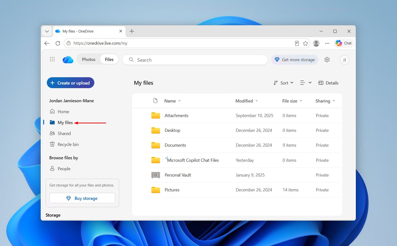 Browsing My Files in OneDrive.