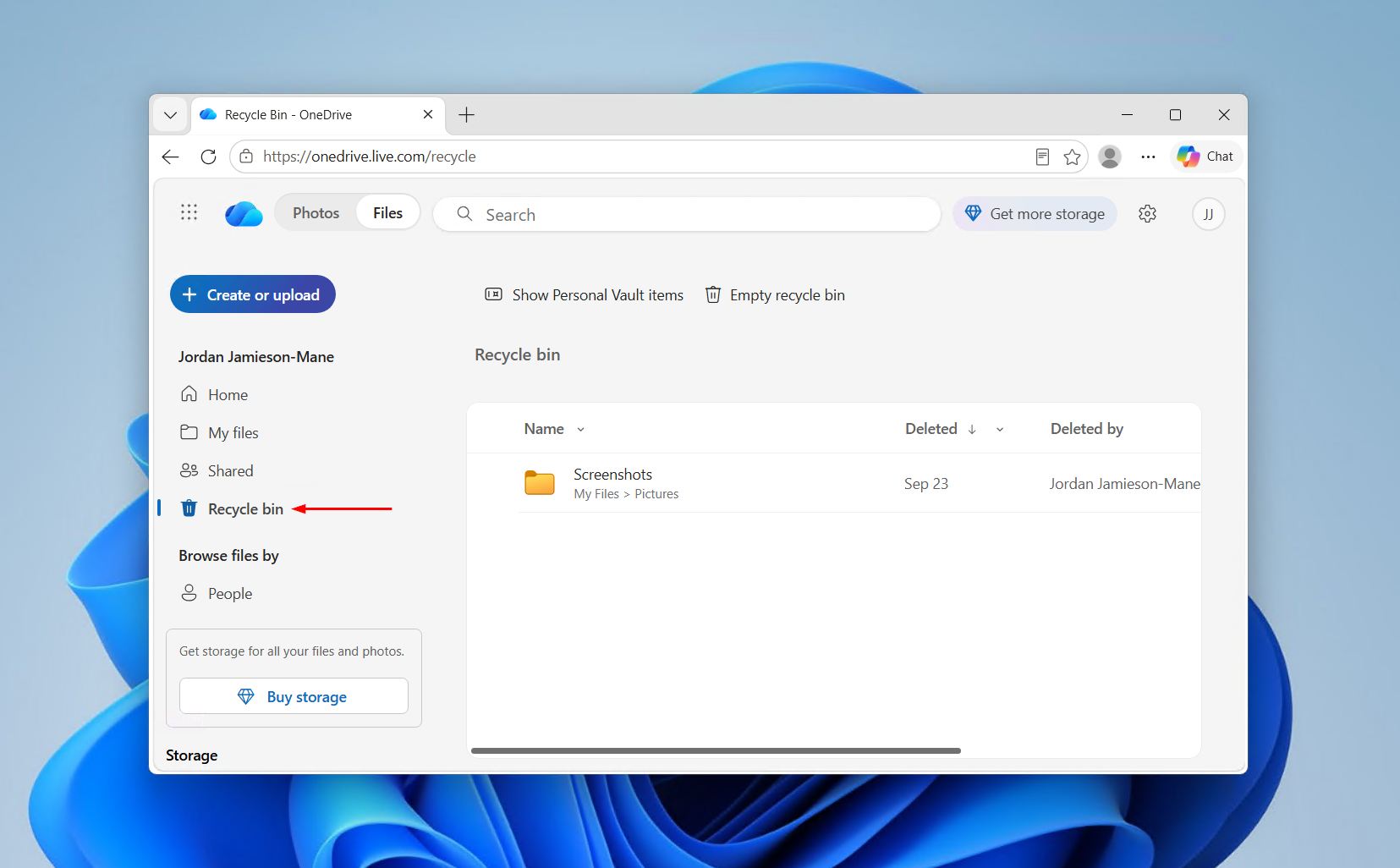 Checking the OneDrive Recycle bin.