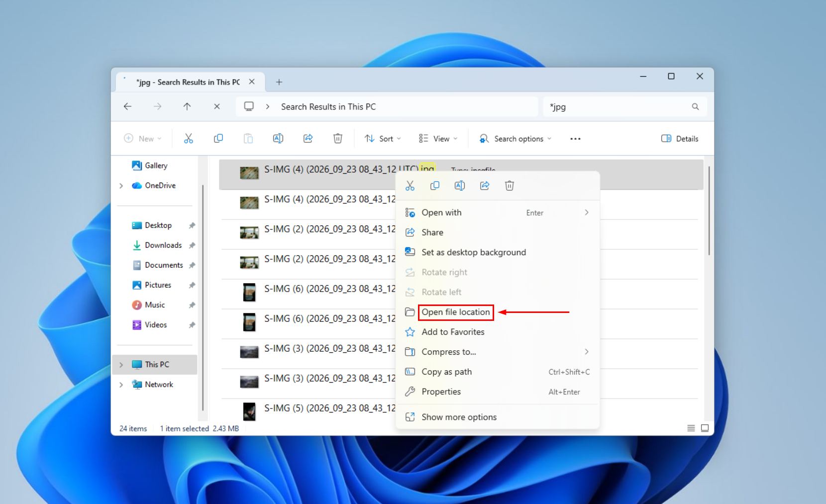 Selecting Open file location on a search result.