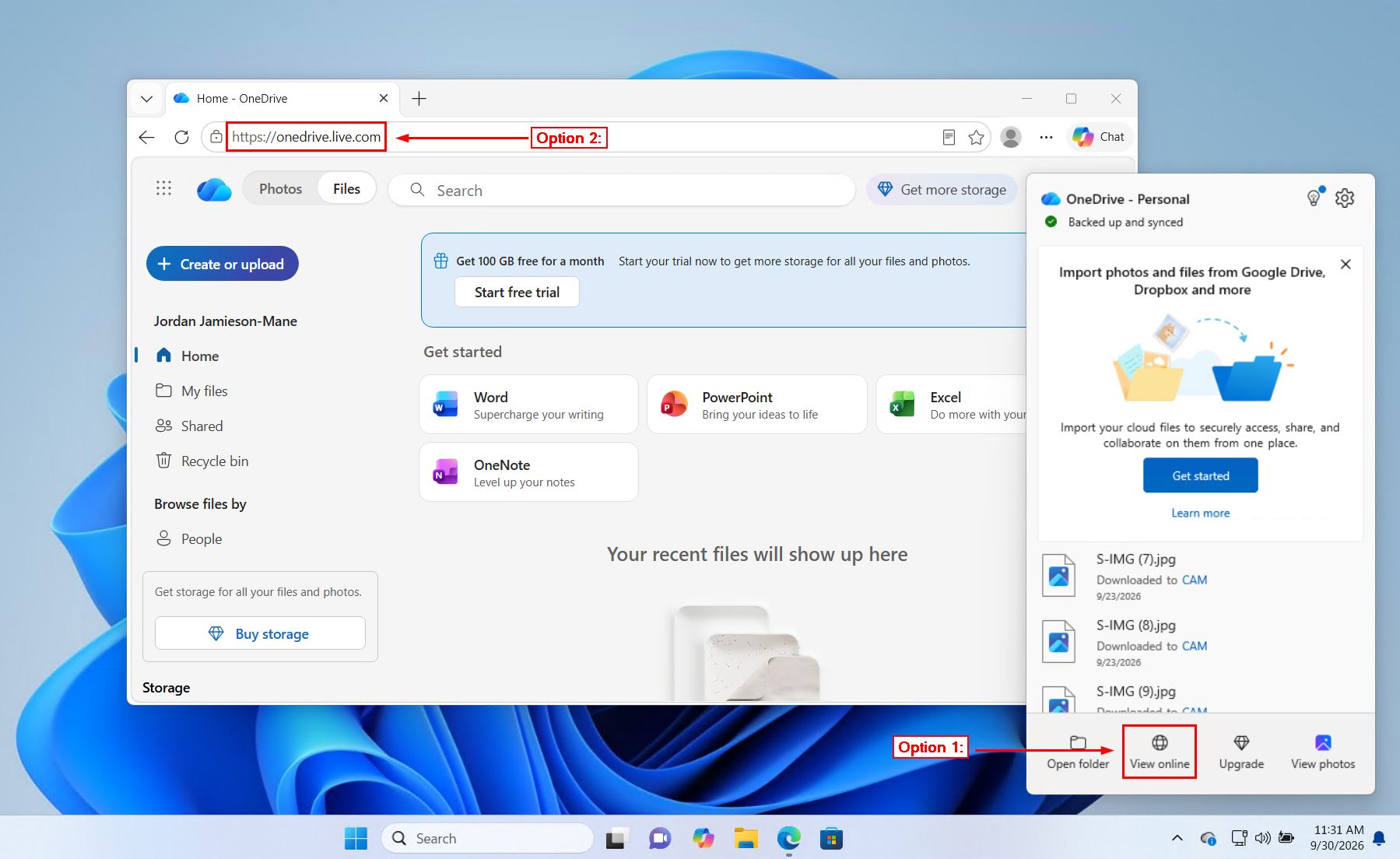 Opening OneDrive online from the taskbar.