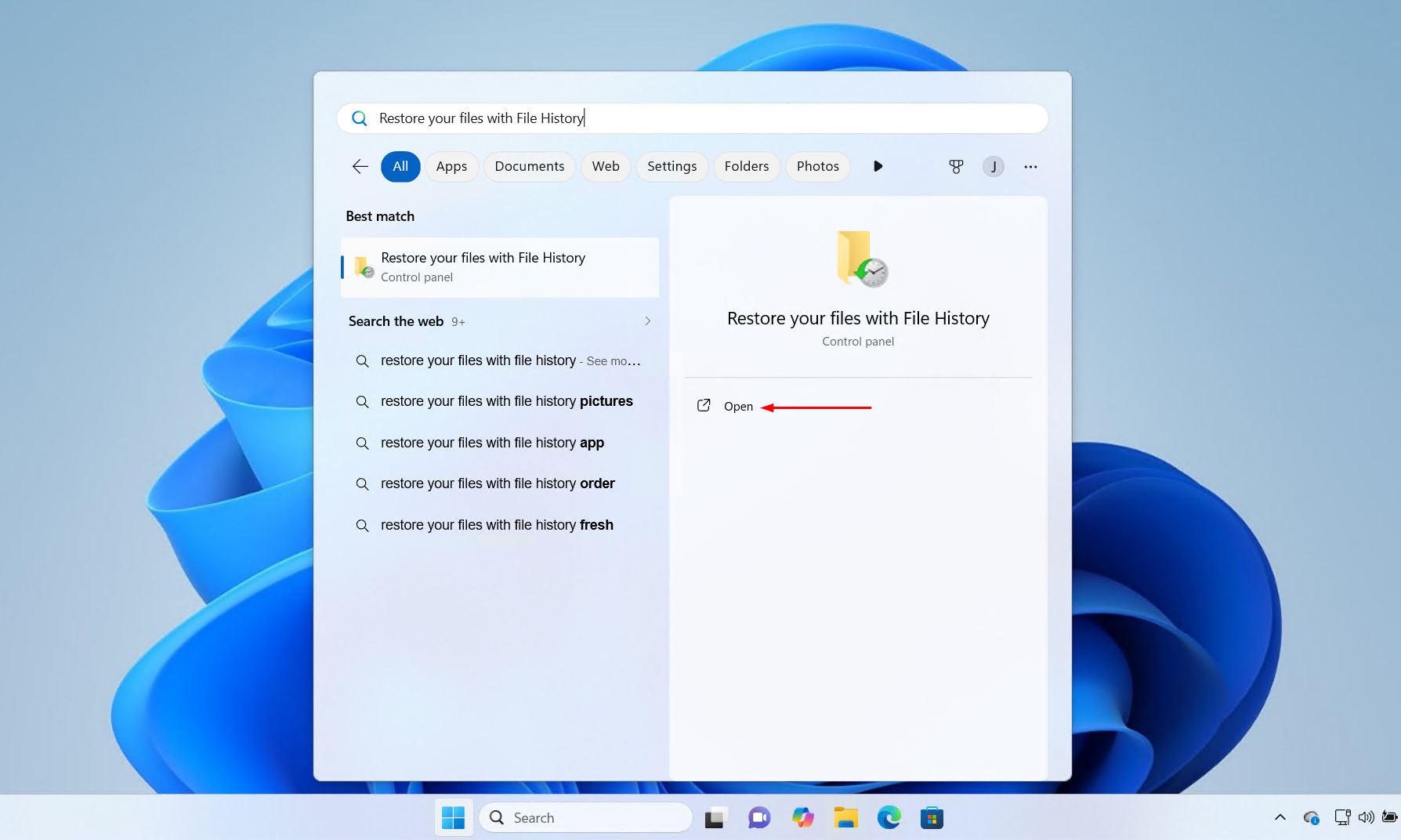 Searching for Restore your files with File History in Start.