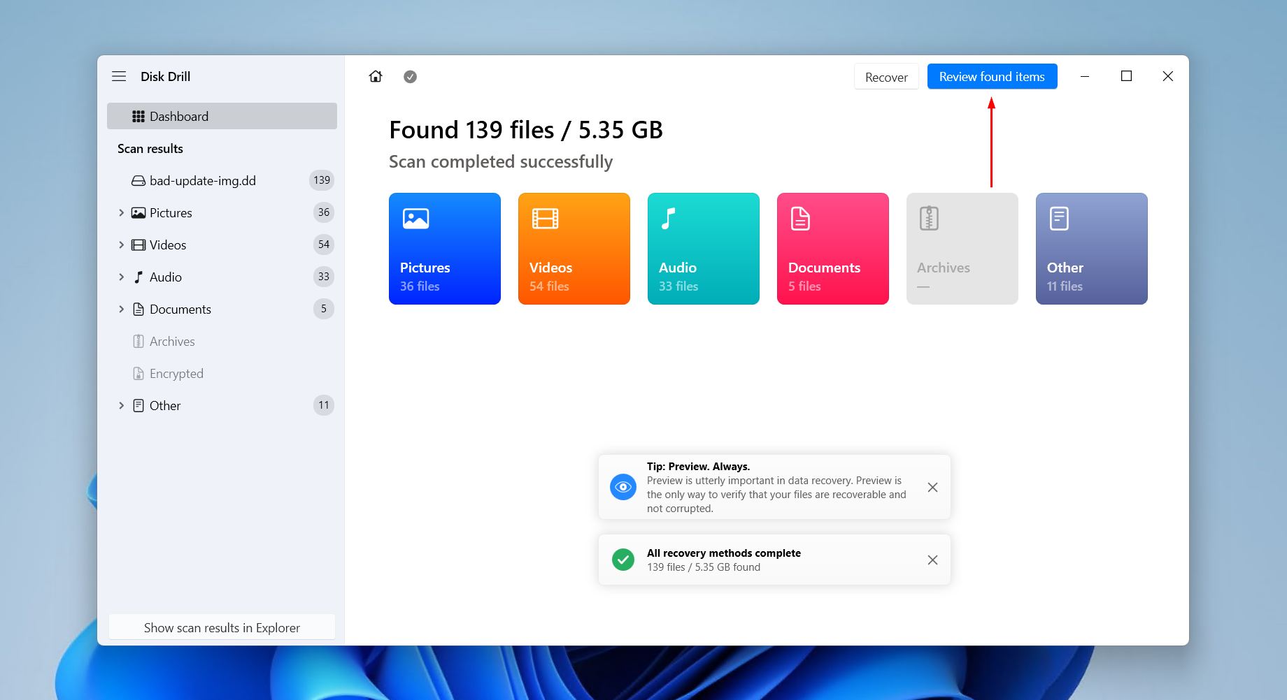 Clicking Review found items after the Disk Drill scan.
