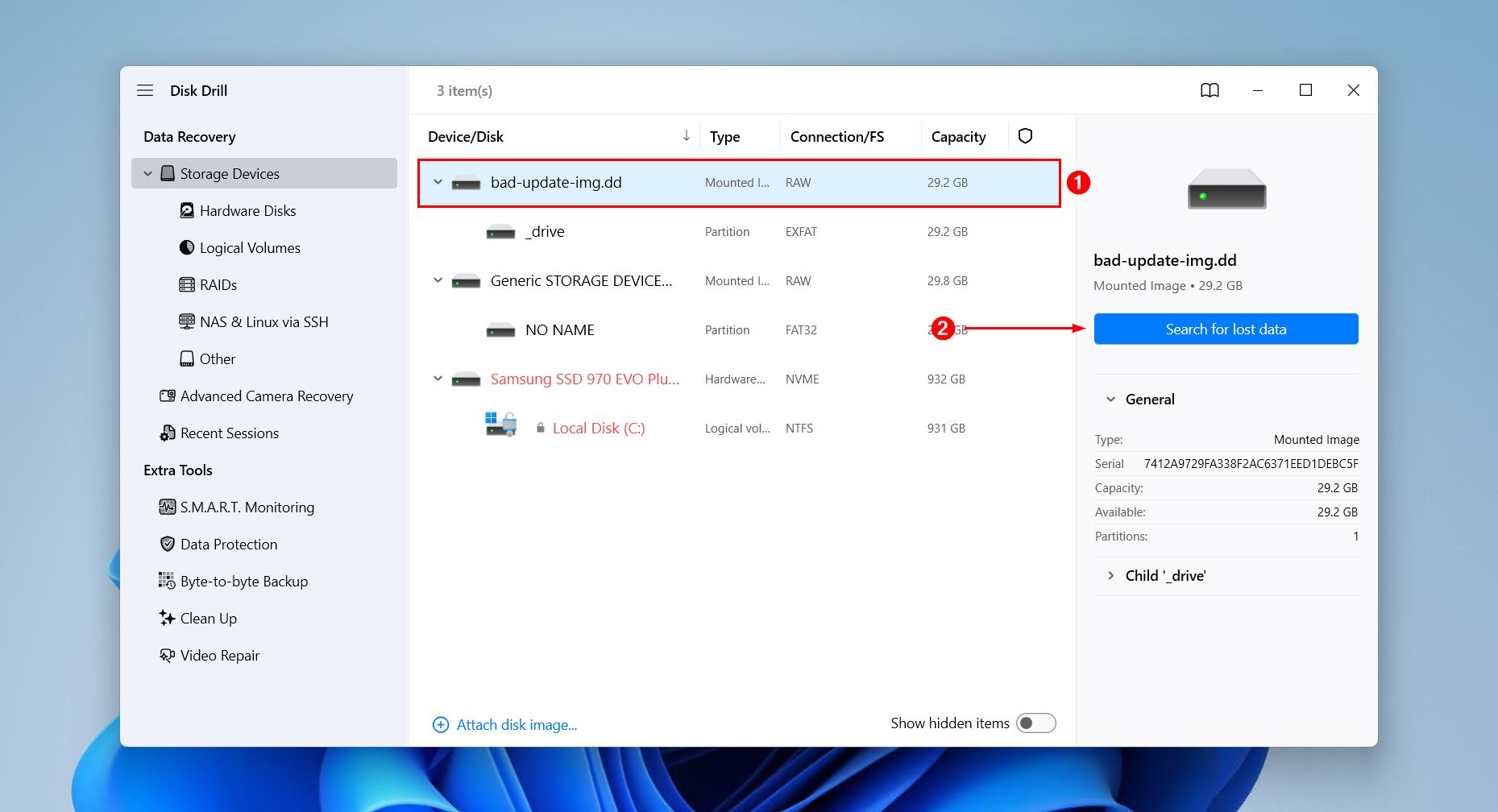 Selecting the Windows drive and clicking Search for lost data in Disk Drill.