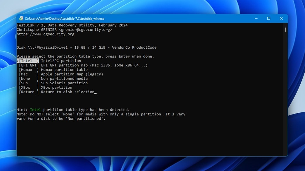 Select the partition table type